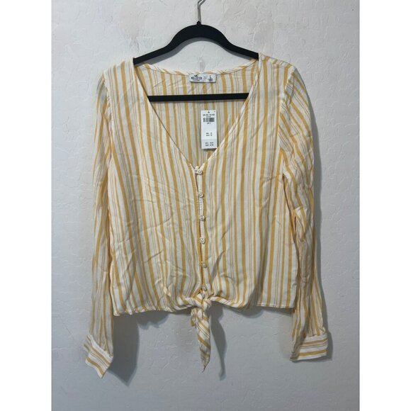 NWT Hollister Sz L Button Up Blouse Tie Waist Detail Yellow White Stripes - Picture 1 of 7